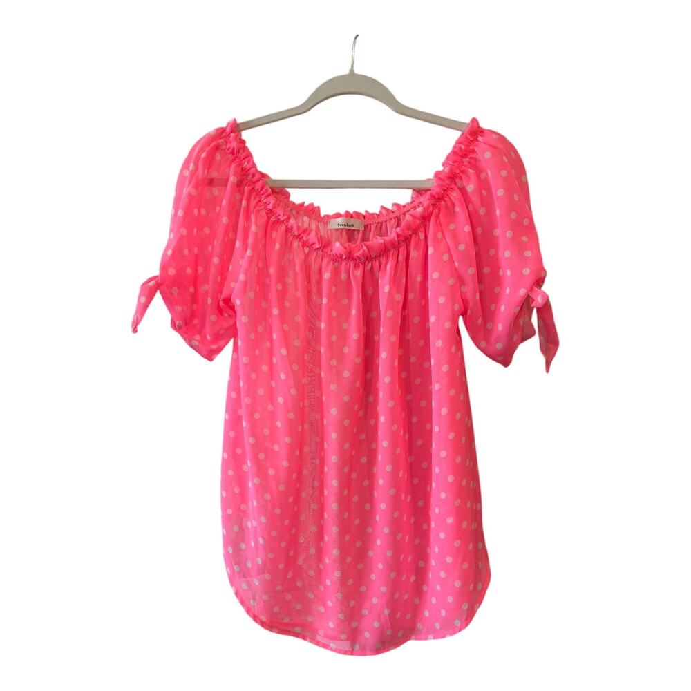 Teenbell Juniors Girl’s XL Pink & White‎ Polka Dot Blouse Sheer Ruffle Flowy